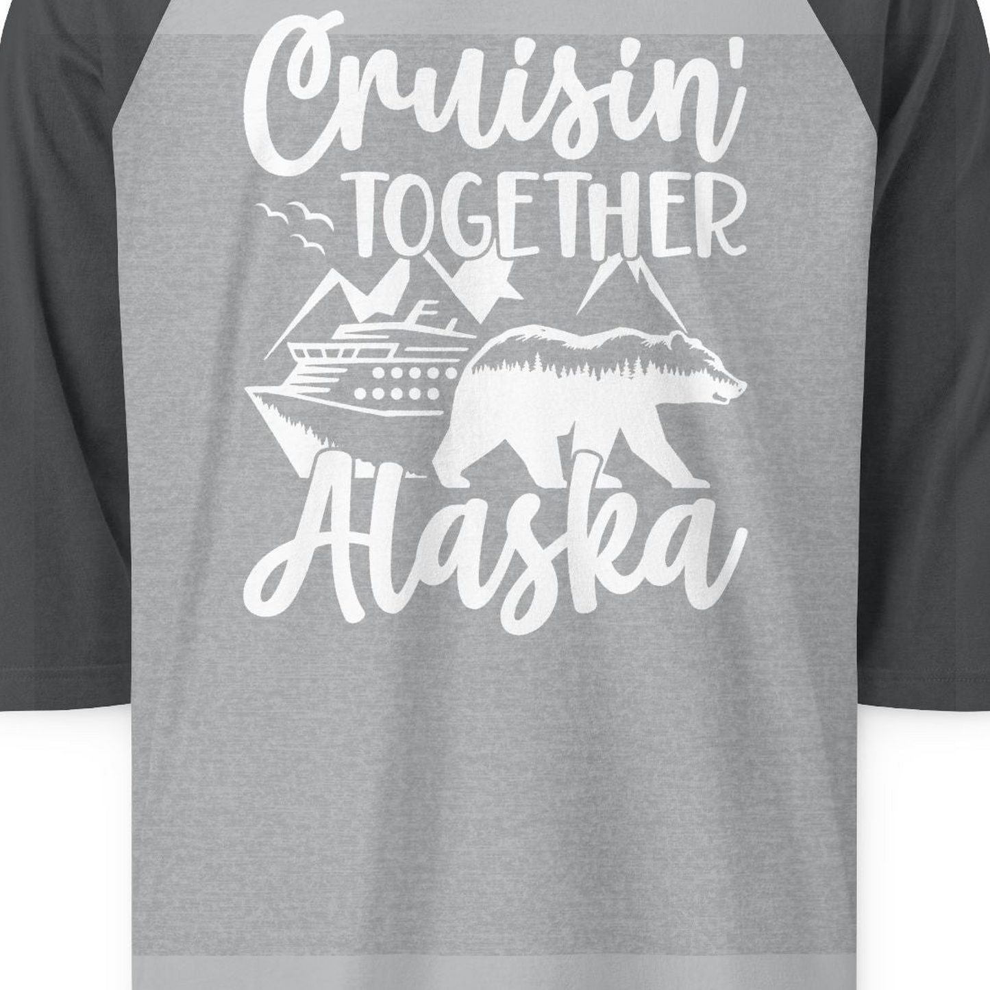 Alaska Cruise Adventure Shirt 3/4 Sleeve Raglan Shirt – Heather Grey/Heather Charcoal – Alaska Cruise Shirts Close Up