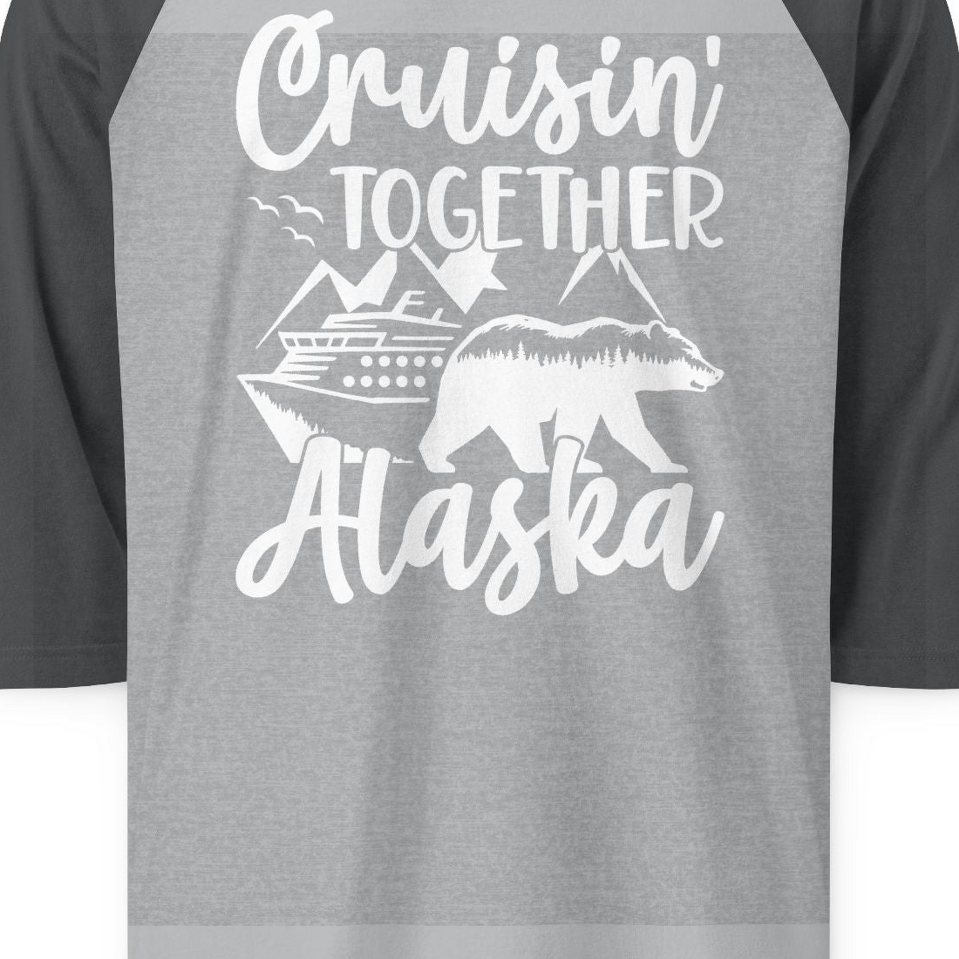 Alaska Cruise Adventure Shirt 3/4 Sleeve Raglan Shirt – Heather Grey/Heather Charcoal – Alaska Cruise Shirts Close Up