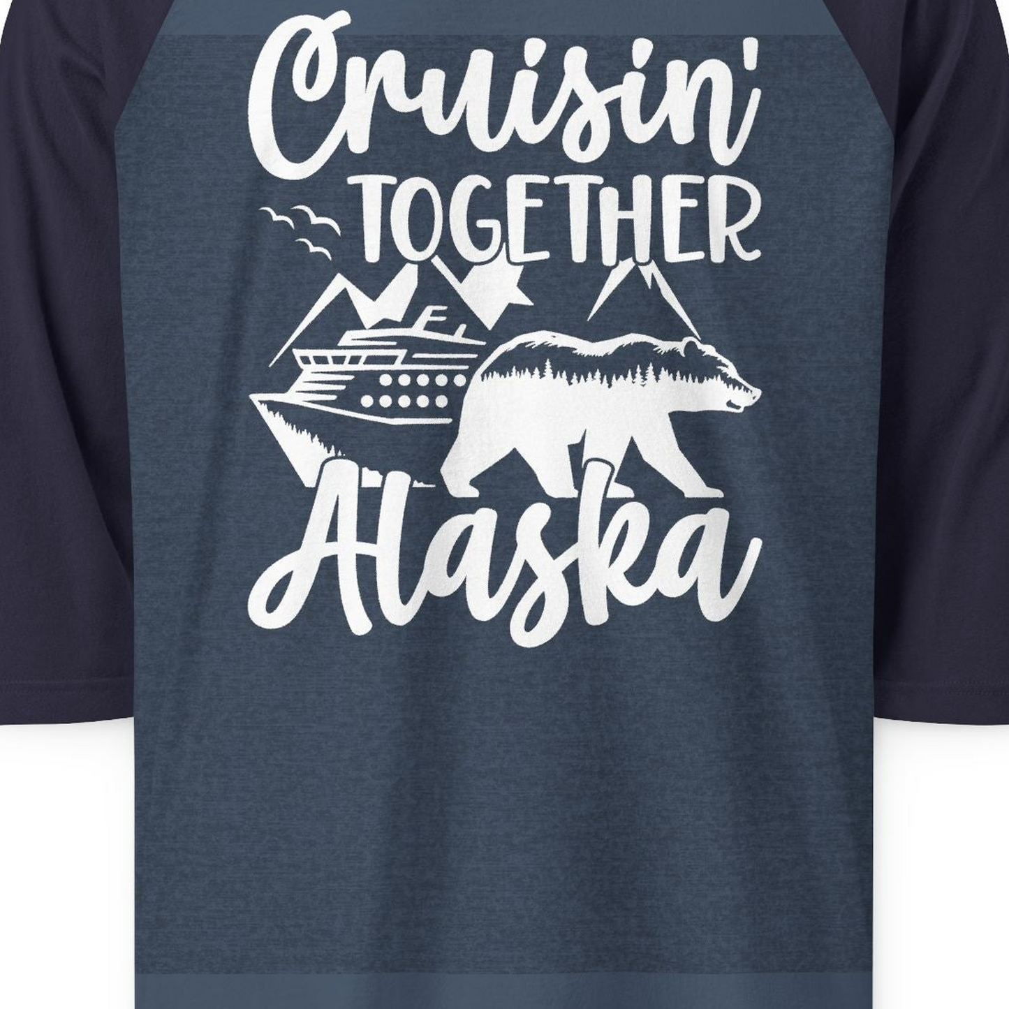 Alaska Cruise Adventure Shirt 3/4 Sleeve Raglan Shirt – Heather Denim/Navy – Alaska Cruise Shirts Close Up