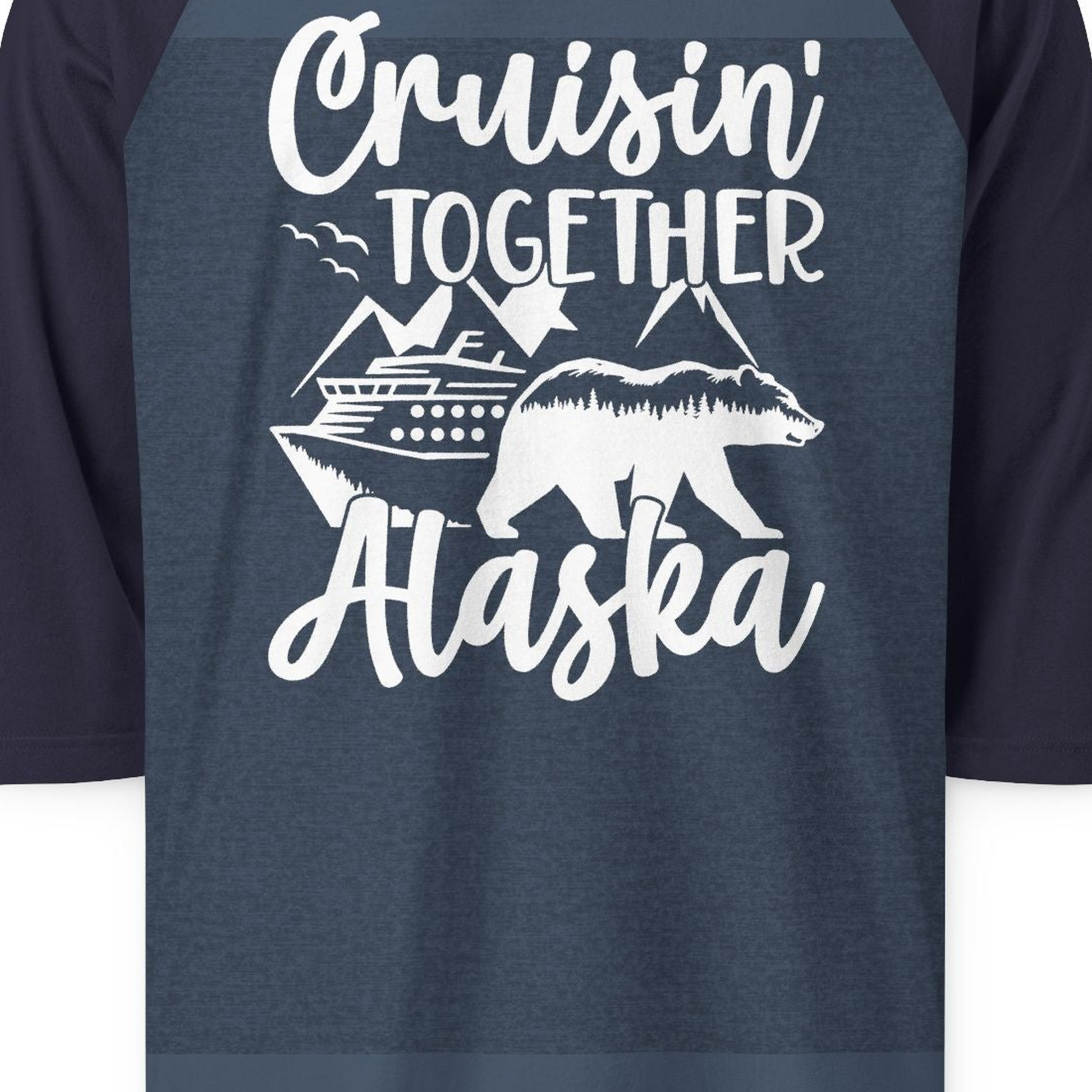 Alaska Cruise Adventure Shirt 3/4 Sleeve Raglan Shirt – Heather Denim/Navy – Alaska Cruise Shirts Close Up