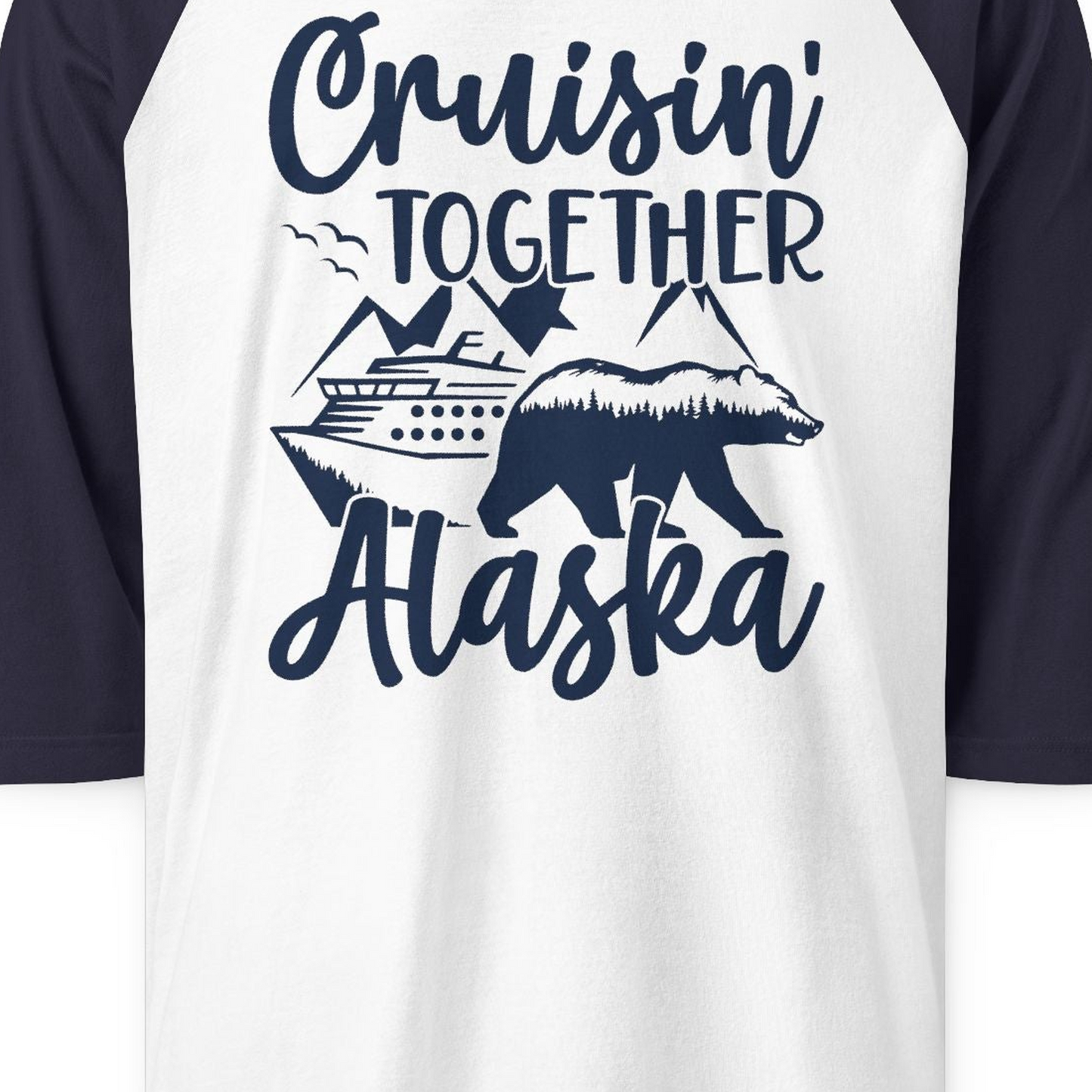 Alaska Cruise Adventure Shirt 3/4 Sleeve Raglan Shirt – White/Navy – Alaska Cruise Shirts Close Up