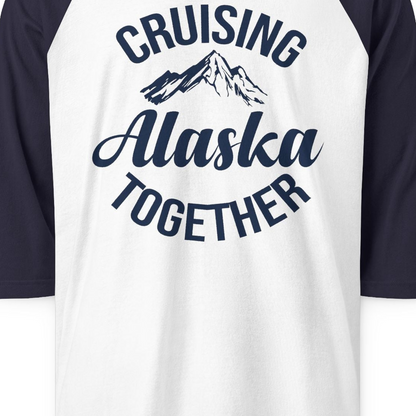 Cruising Alaska Together Mountain Adventure Travel Couples Shirt — 3/4 Sleeve 3/4 Sleeve Raglan Shirt – White/Navy – Alaska Cruise Shirts Close Up