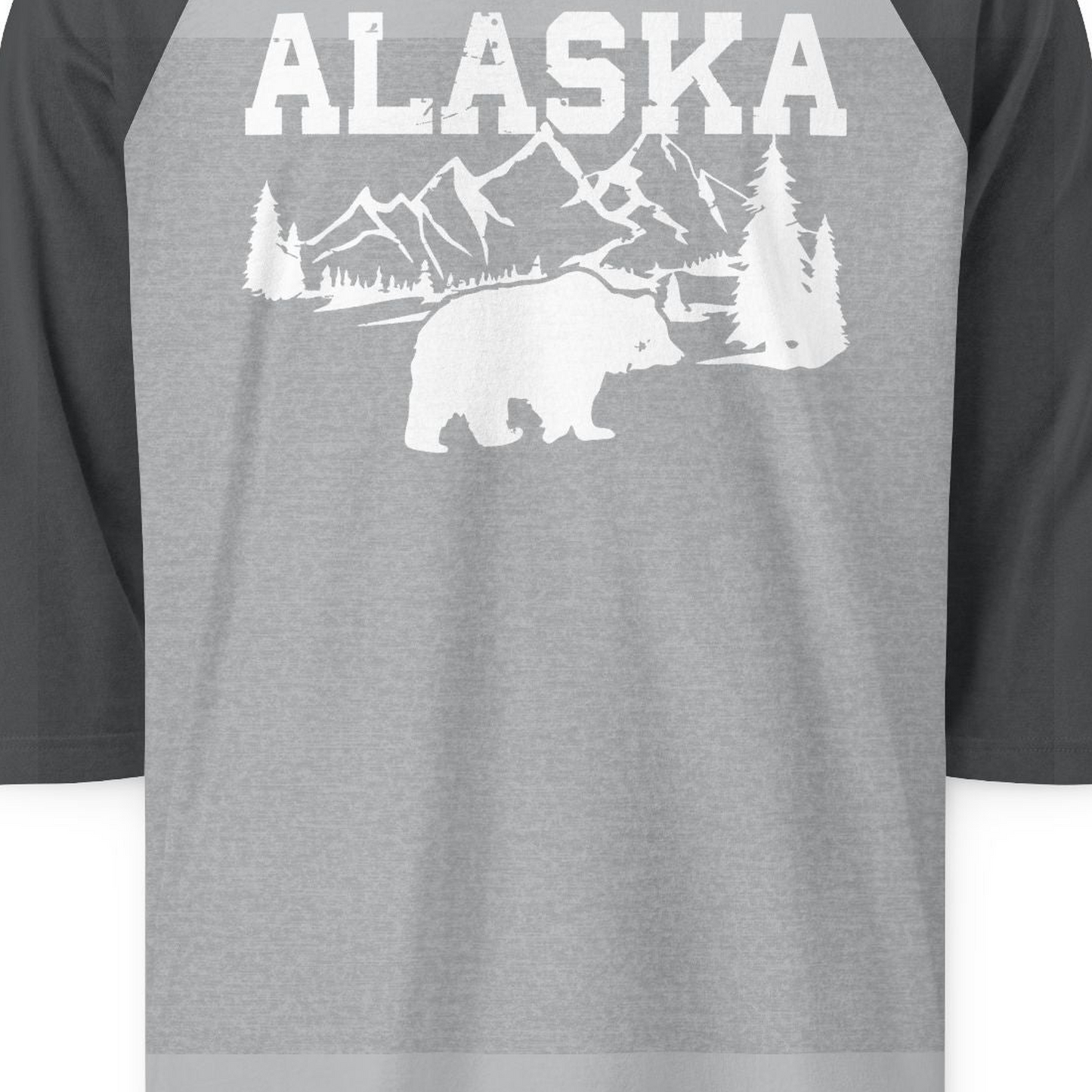 Alaska Bear Shirt 3/4 Sleeve Raglan Shirt – Heather Grey/Heather Charcoal – Alaska Cruise Shirts Close Up