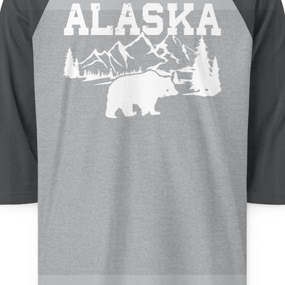 Alaska Bear Shirt 3/4 Sleeve Raglan Shirt – Heather Grey/Heather Charcoal – Alaska Cruise Shirts Close Up