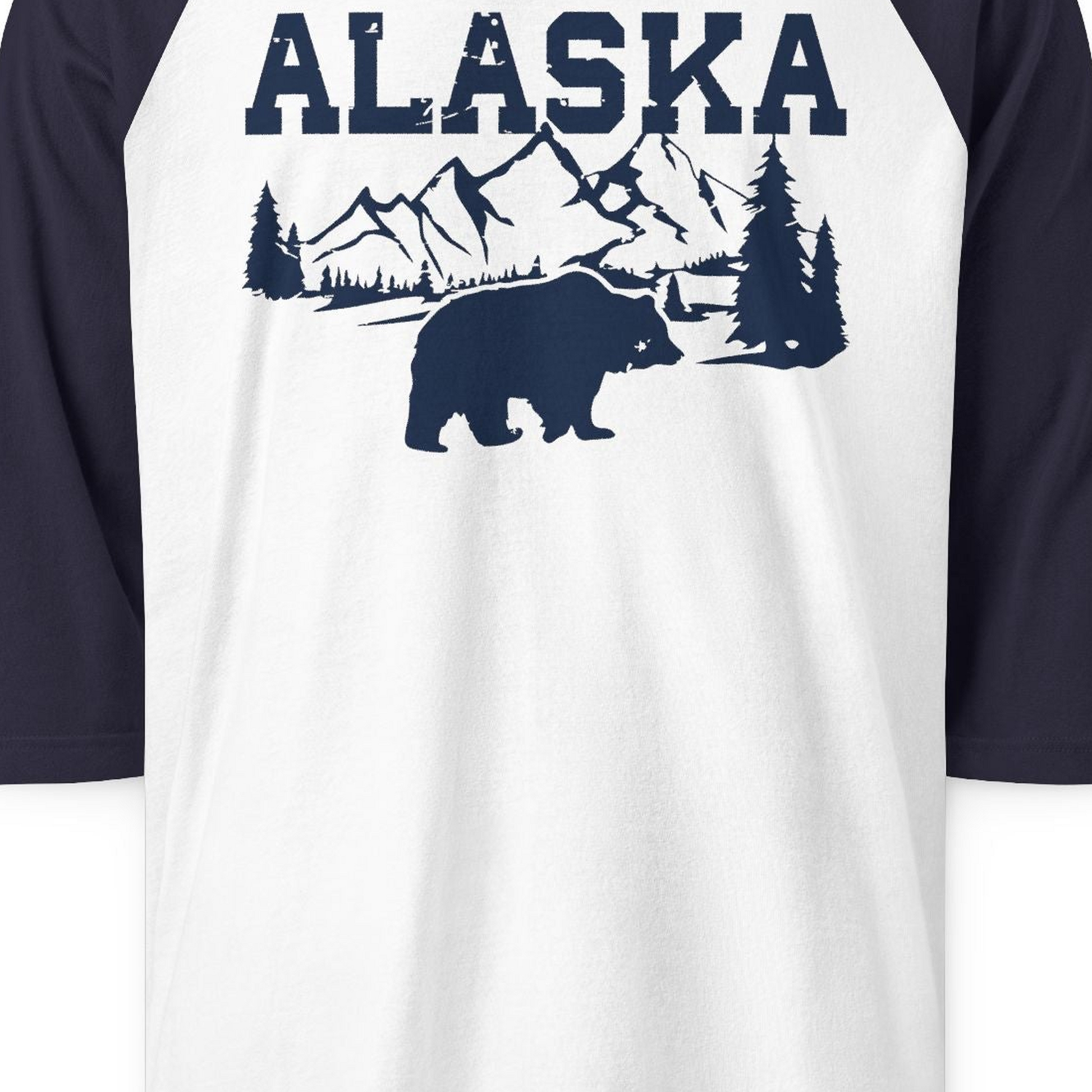 Alaska Bear Shirt 3/4 Sleeve Raglan Shirt – White/Navy – Alaska Cruise Shirts Close Up