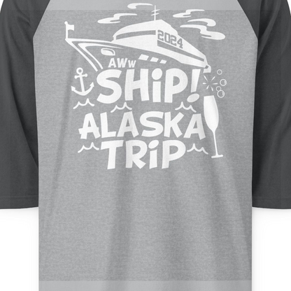 Aww Ship Alaska Cruise Shirt 3/4 Sleeve Raglan Shirt – Heather Grey/Heather Charcoal – Alaska Cruise Shirts Close Up