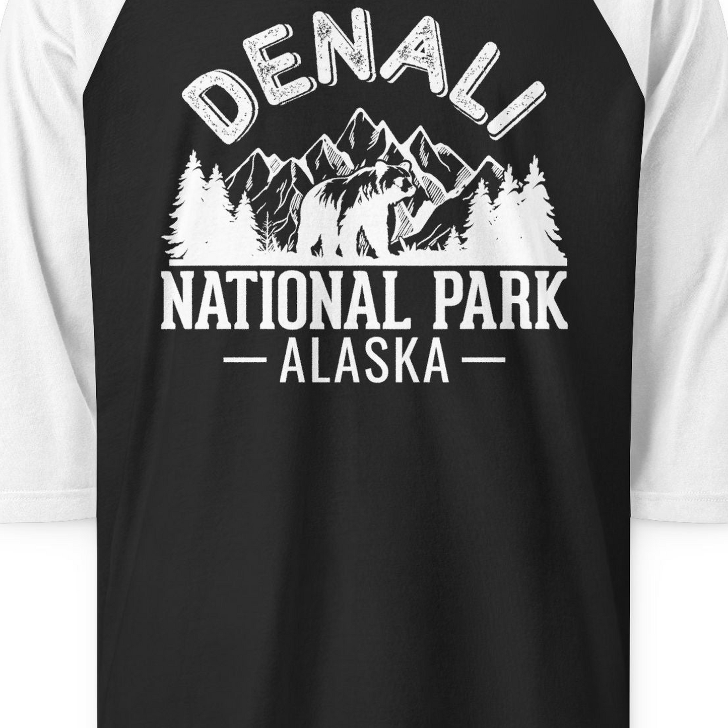 Denali National Park Bear Mountains Vintage Alaska Nature Shirt — 3/4 Sleeve 3/4 Sleeve Raglan Shirt – Black/White – Alaska Cruise Shirts Close Up