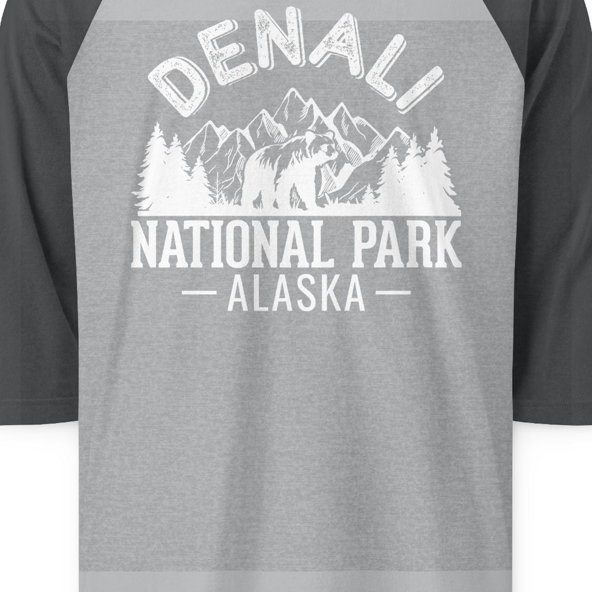Denali National Park Bear Mountains Vintage Alaska Nature Shirt — 3/4 Sleeve 3/4 Sleeve Raglan Shirt – Heather Grey/Heather Charcoal – Alaska Cruise Shirts Close Up