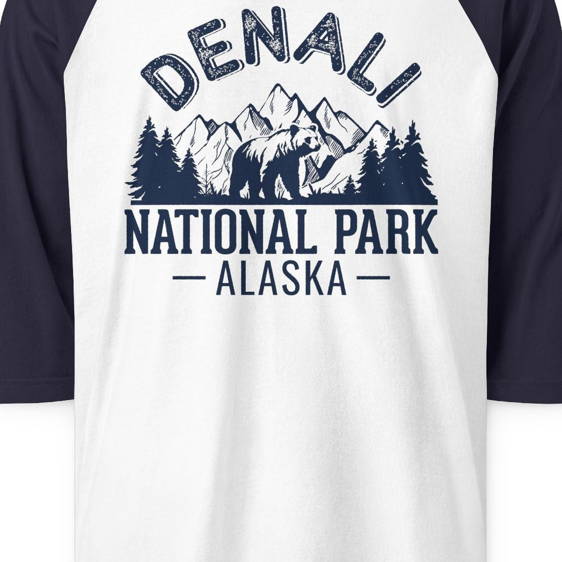 Denali National Park Bear Mountains Vintage Alaska Nature Shirt — 3/4 Sleeve 3/4 Sleeve Raglan Shirt – White/Navy – Alaska Cruise Shirts Close Up