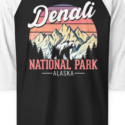 Retro Denali National Park Alaska Bear Mountains Vintage Shirt — 3/4 Sleeve 3/4 Sleeve Raglan Shirt – Black/White – Alaska Cruise Shirts Close Up