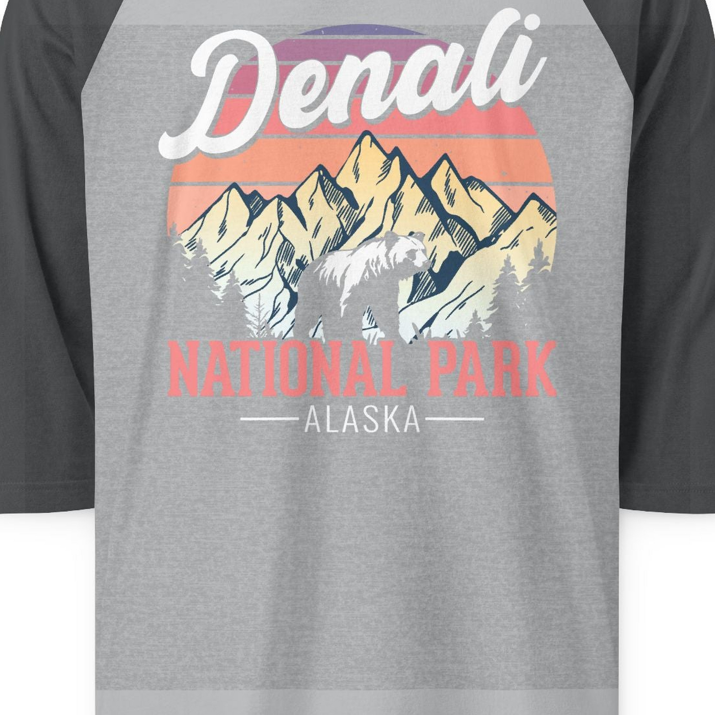 Retro Denali National Park Alaska Bear Mountains Vintage Shirt — 3/4 Sleeve 3/4 Sleeve Raglan Shirt – Heather Grey/Heather Charcoal – Alaska Cruise Shirts Close Up