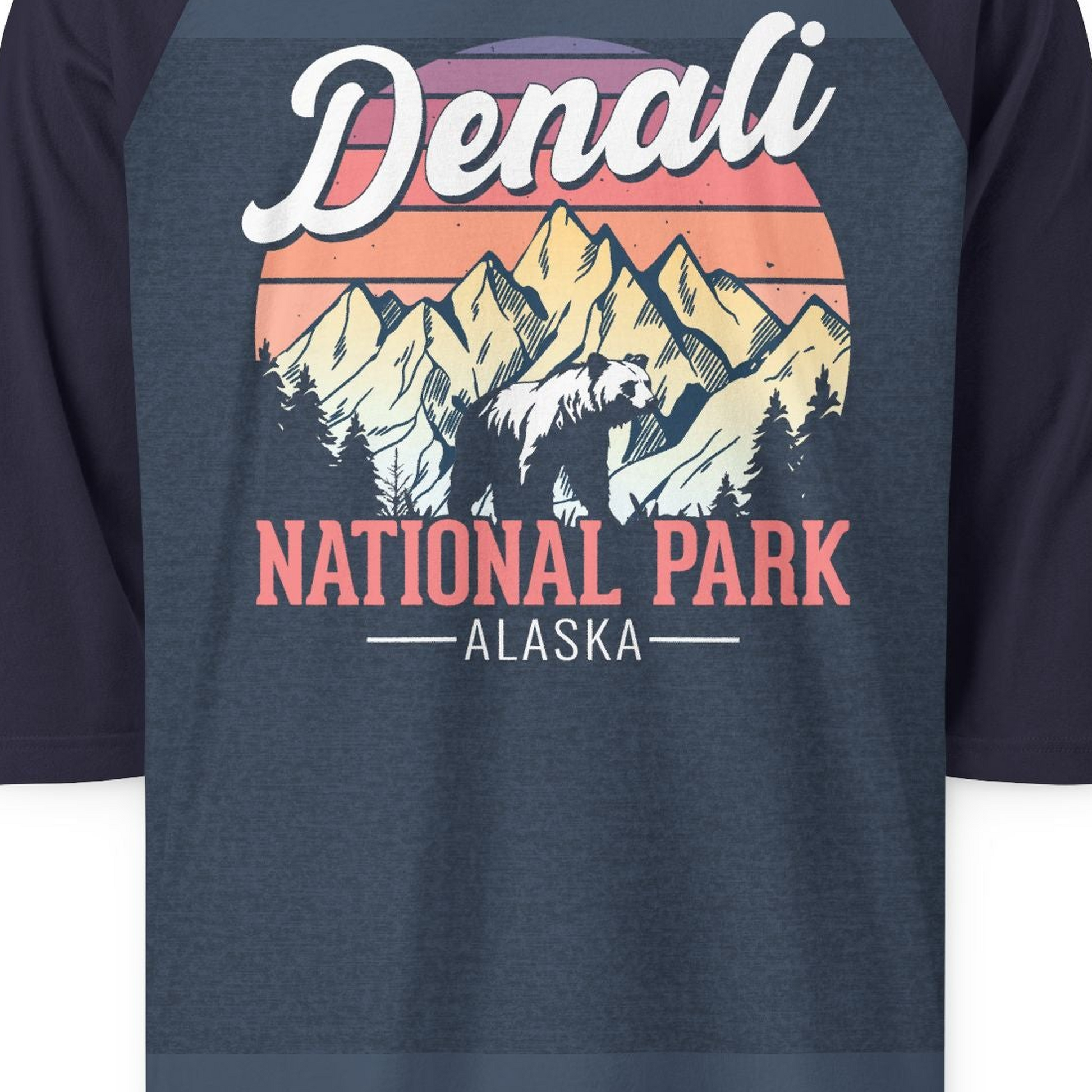 Retro Denali National Park Alaska Bear Mountains Vintage Shirt — 3/4 Sleeve 3/4 Sleeve Raglan Shirt – Heather Denim/Navy – Alaska Cruise Shirts Close Up