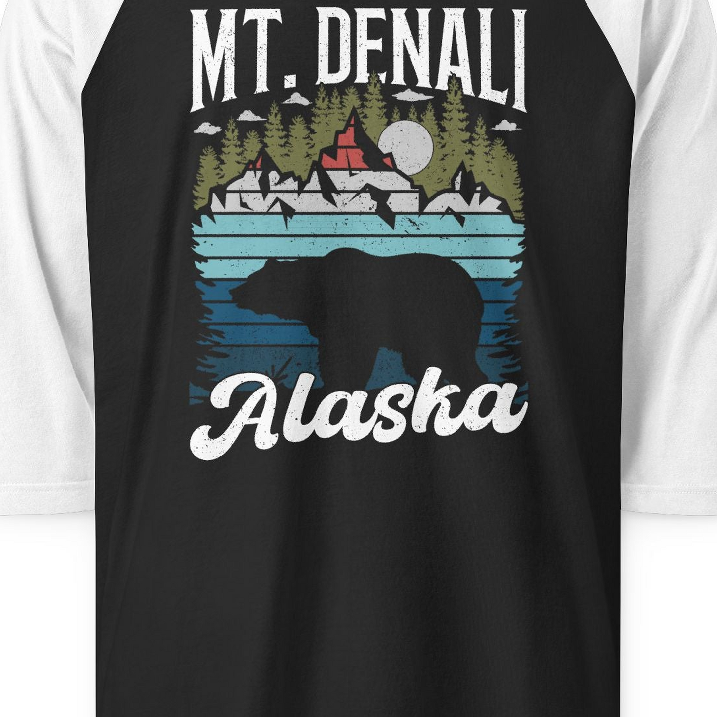 Mt Denali Alaska Bear Wilderness Shirt 3/4 Sleeve Raglan Shirt – Black/White – Alaska Cruise Shirts Close Up