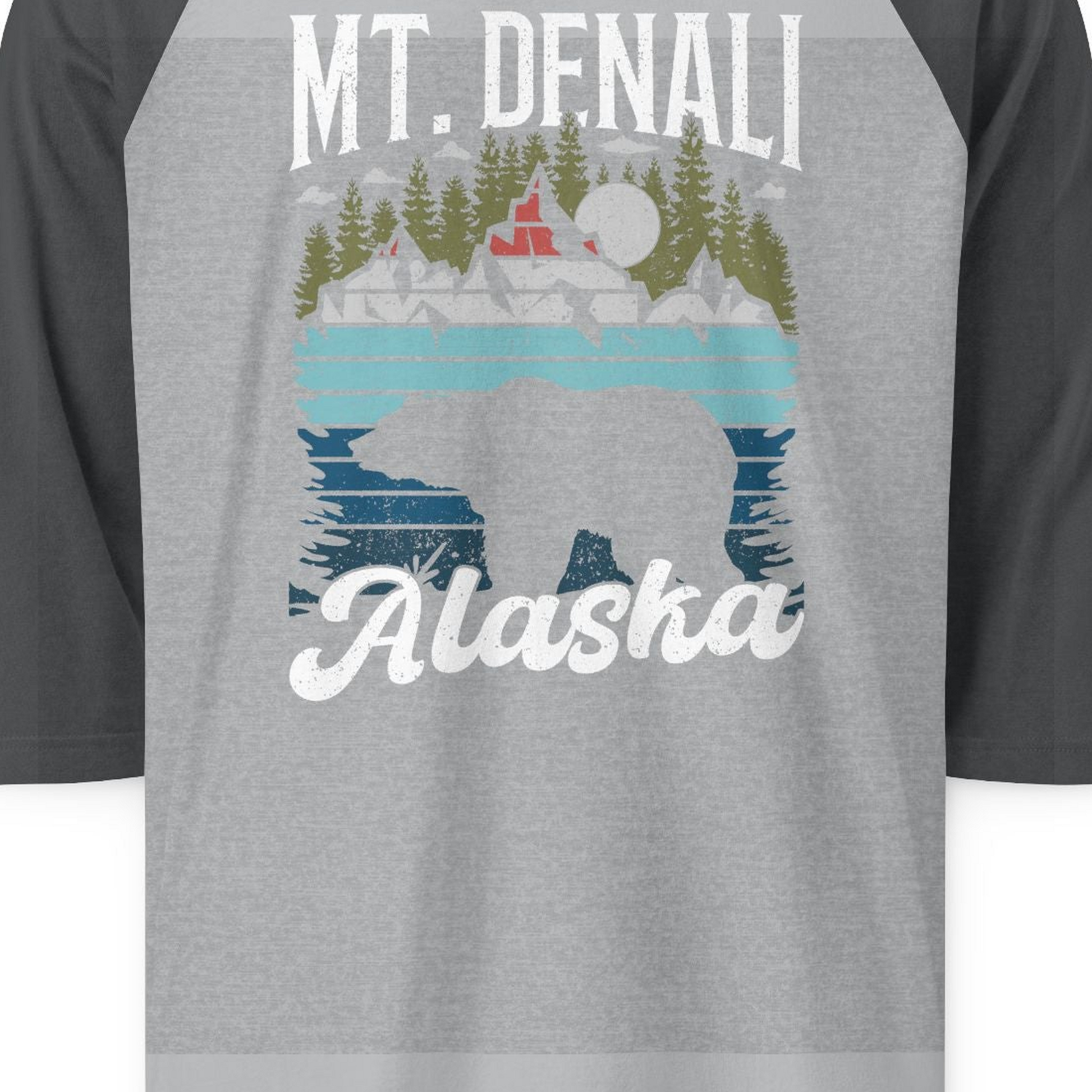 Mt Denali Alaska Bear Wilderness Shirt 3/4 Sleeve Raglan Shirt – Heather Grey/Heather Charcoal – Alaska Cruise Shirts Close Up