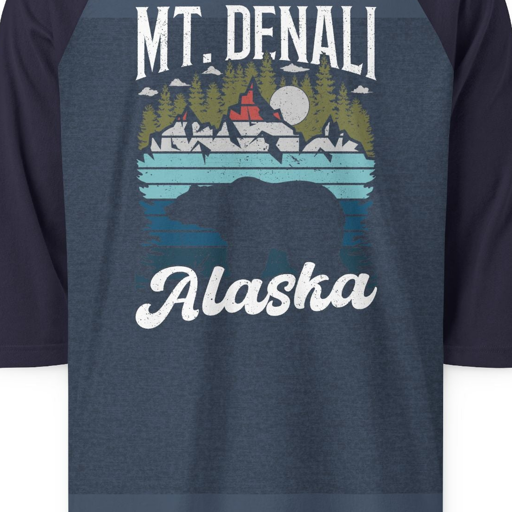 Mt Denali Alaska Bear Wilderness Shirt 3/4 Sleeve Raglan Shirt – Heather Denim/Navy – Alaska Cruise Shirts Close Up
