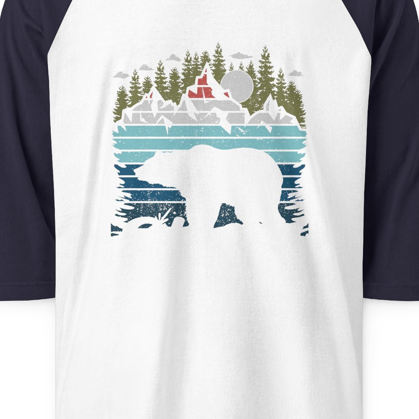 Mt Denali Alaska Bear Wilderness Shirt 3/4 Sleeve Raglan Shirt – White/Navy – Alaska Cruise Shirts Close Up