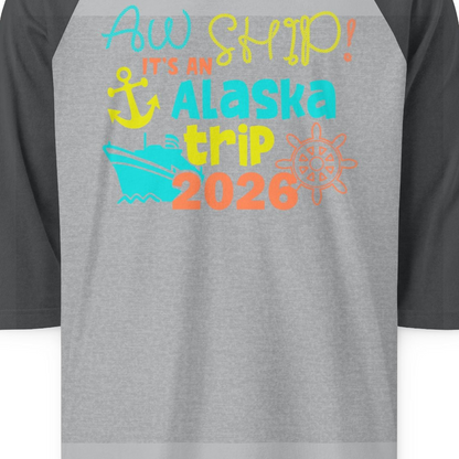 Alaska Trip 2026 Shirt Fun Nautical Cruise Family Group Matching Tee — 3/4 Sleeve 3/4 Sleeve Raglan Shirt – Heather Grey/Heather Charcoal – Alaska Cruise Shirts Close Up