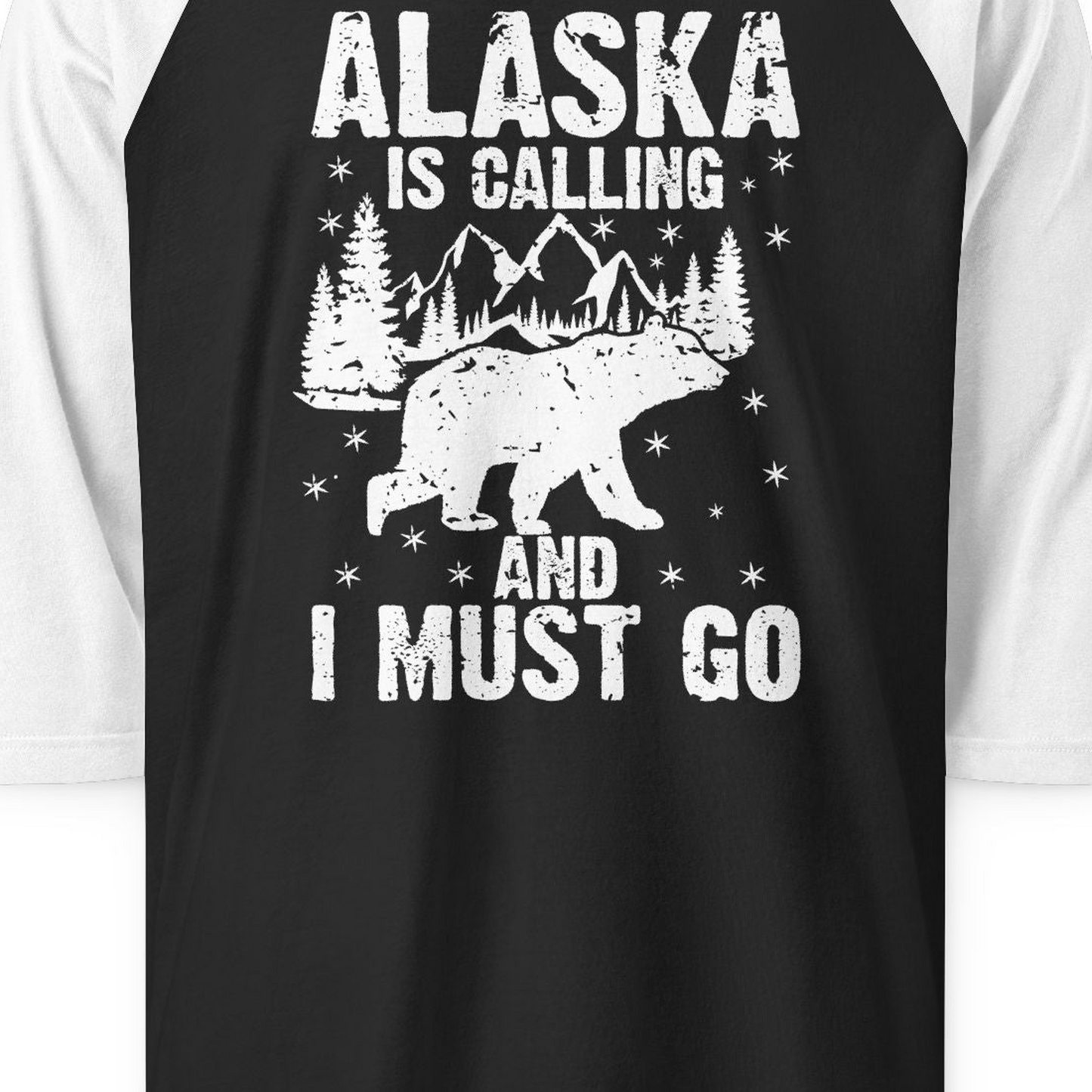 Alaska Is Calling Bear Mountain Wilderness Adventure Vintage Shirt — 3/4 Sleeve 3/4 Sleeve Raglan Shirt – Black/White – Alaska Cruise Shirts Close Up