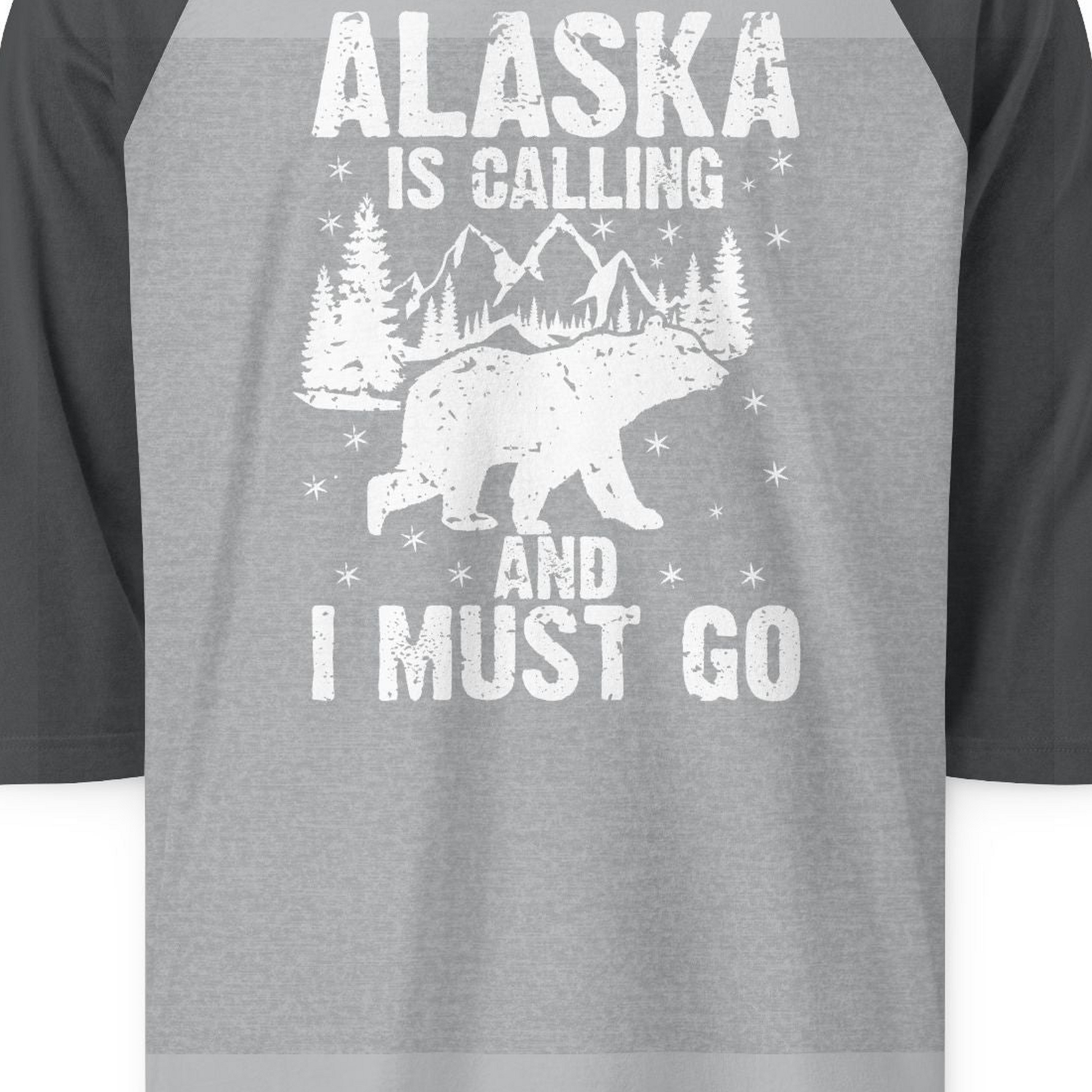 Alaska Is Calling Bear Mountain Wilderness Adventure Vintage Shirt — 3/4 Sleeve 3/4 Sleeve Raglan Shirt – Heather Grey/Heather Charcoal – Alaska Cruise Shirts Close Up