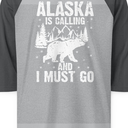 Alaska Is Calling Bear Mountain Wilderness Adventure Vintage Shirt — 3/4 Sleeve 3/4 Sleeve Raglan Shirt – Heather Grey/Heather Charcoal – Alaska Cruise Shirts Close Up