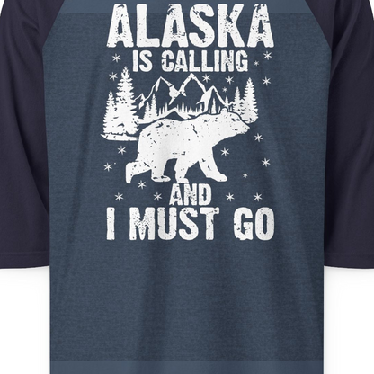 Alaska Is Calling Bear Mountain Wilderness Adventure Vintage Shirt — 3/4 Sleeve 3/4 Sleeve Raglan Shirt – Heather Denim/Navy – Alaska Cruise Shirts Close Up