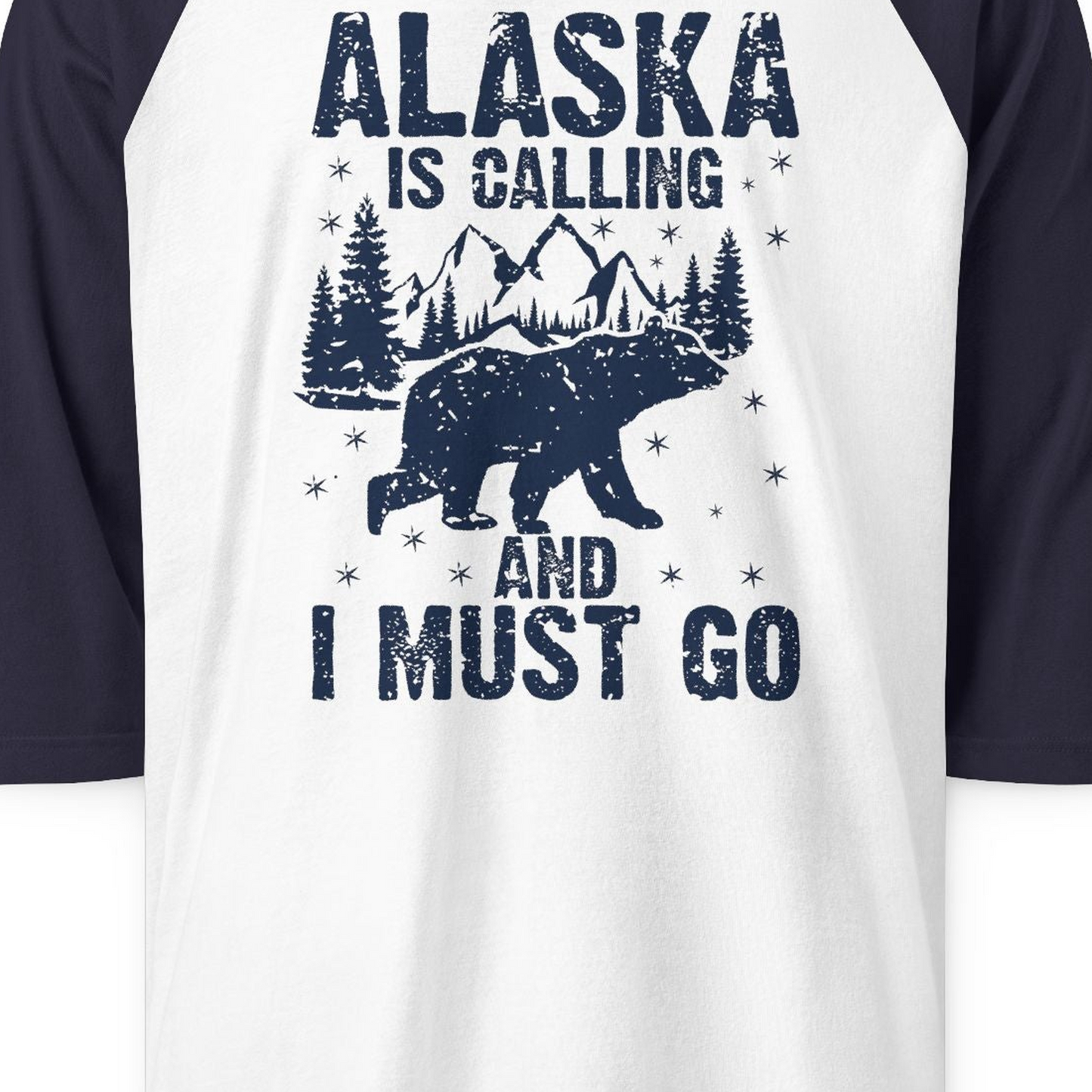 Alaska Is Calling Bear Mountain Wilderness Adventure Vintage Shirt — 3/4 Sleeve 3/4 Sleeve Raglan Shirt – White/Navy – Alaska Cruise Shirts Close Up
