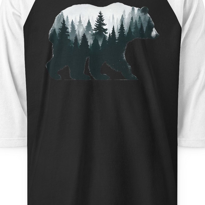 Double Exposure Bear Forest Silhouette Wilderness Shirt for Nature Lovers — 3/4 Sleeve 3/4 Sleeve Raglan Shirt – Black/White – Alaska Cruise Shirts Close Up