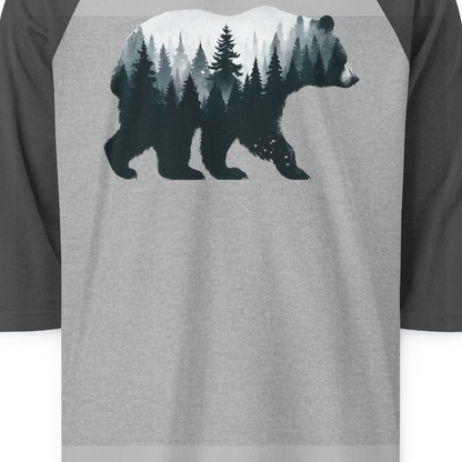 Double Exposure Bear Forest Silhouette Wilderness Shirt for Nature Lovers — 3/4 Sleeve 3/4 Sleeve Raglan Shirt – Heather Grey/Heather Charcoal – Alaska Cruise Shirts Close Up