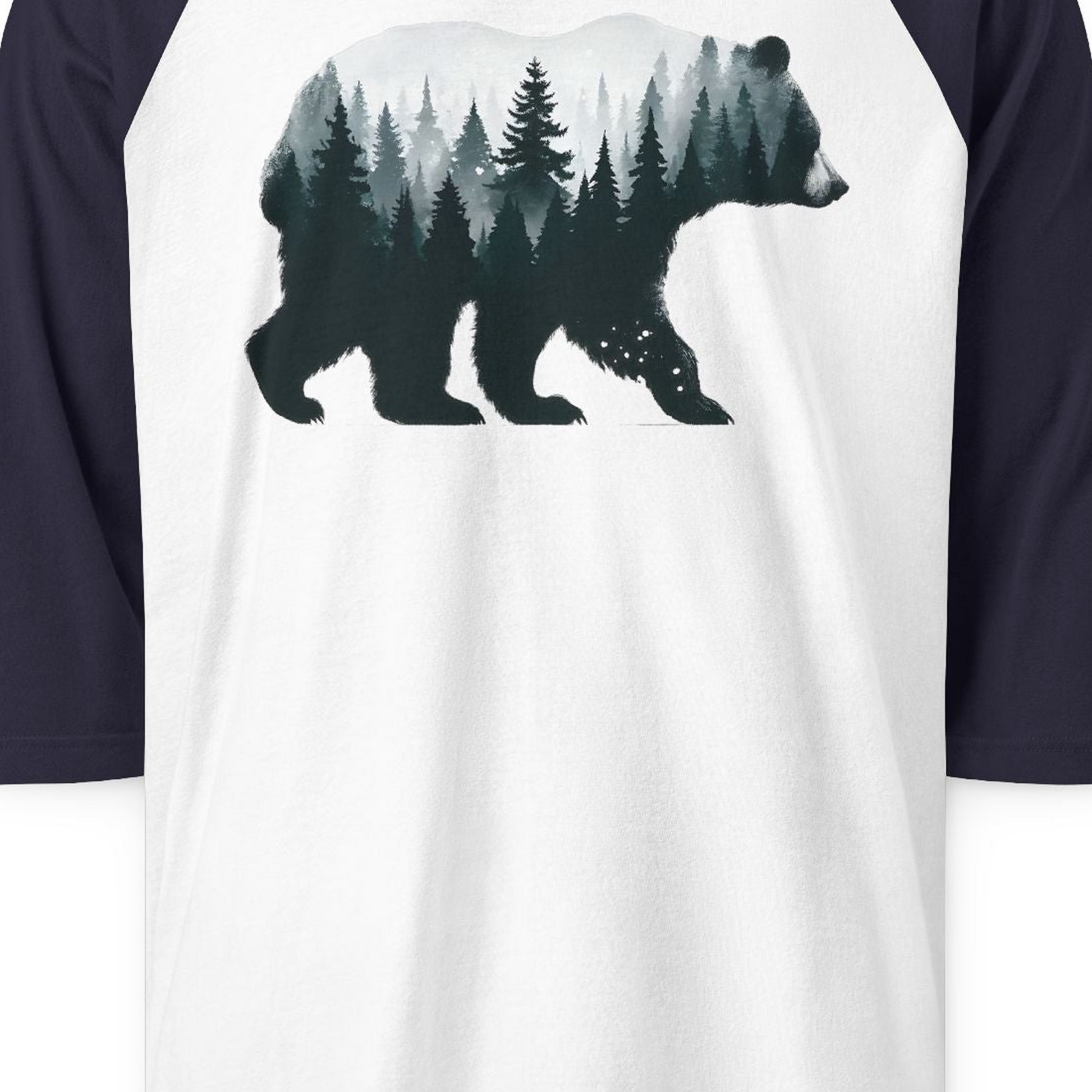 Double Exposure Bear Forest Silhouette Wilderness Shirt for Nature Lovers — 3/4 Sleeve 3/4 Sleeve Raglan Shirt – White/Navy – Alaska Cruise Shirts Close Up