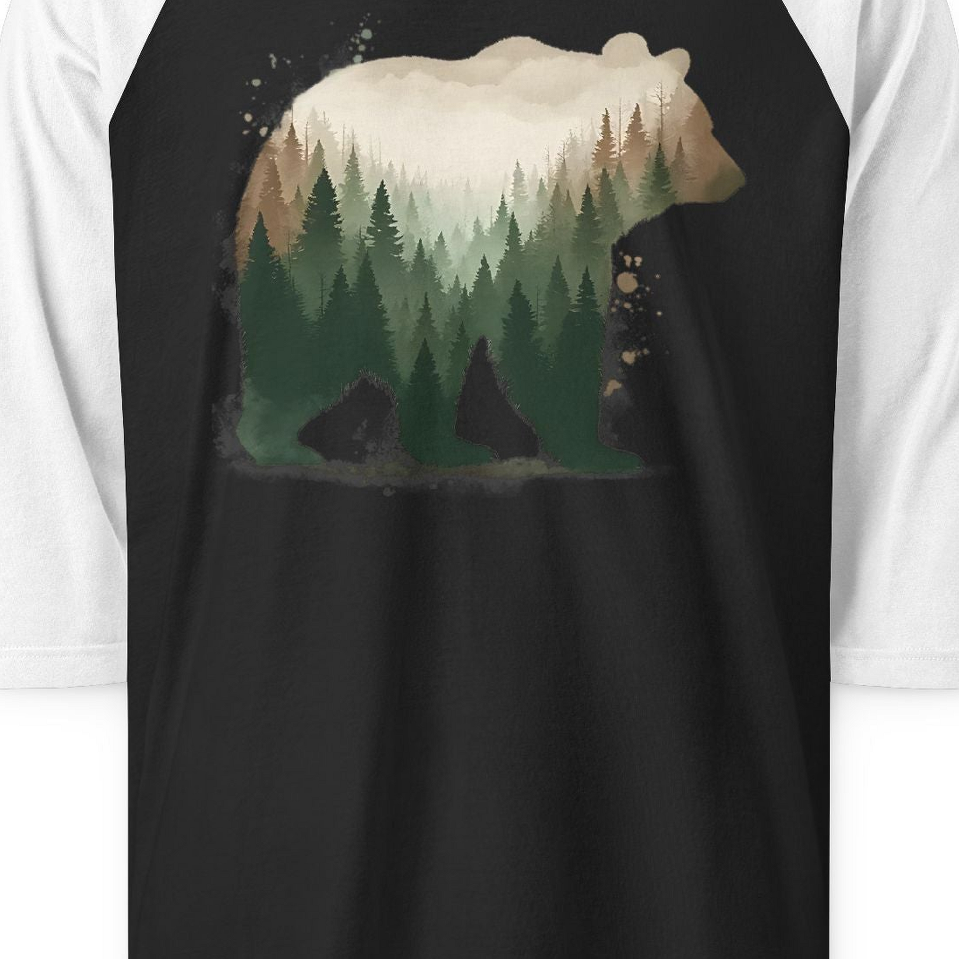 Double Exposure Bear Forest Shirt 3/4 Sleeve Raglan Shirt – Black/White – Alaska Cruise Shirts Close Up