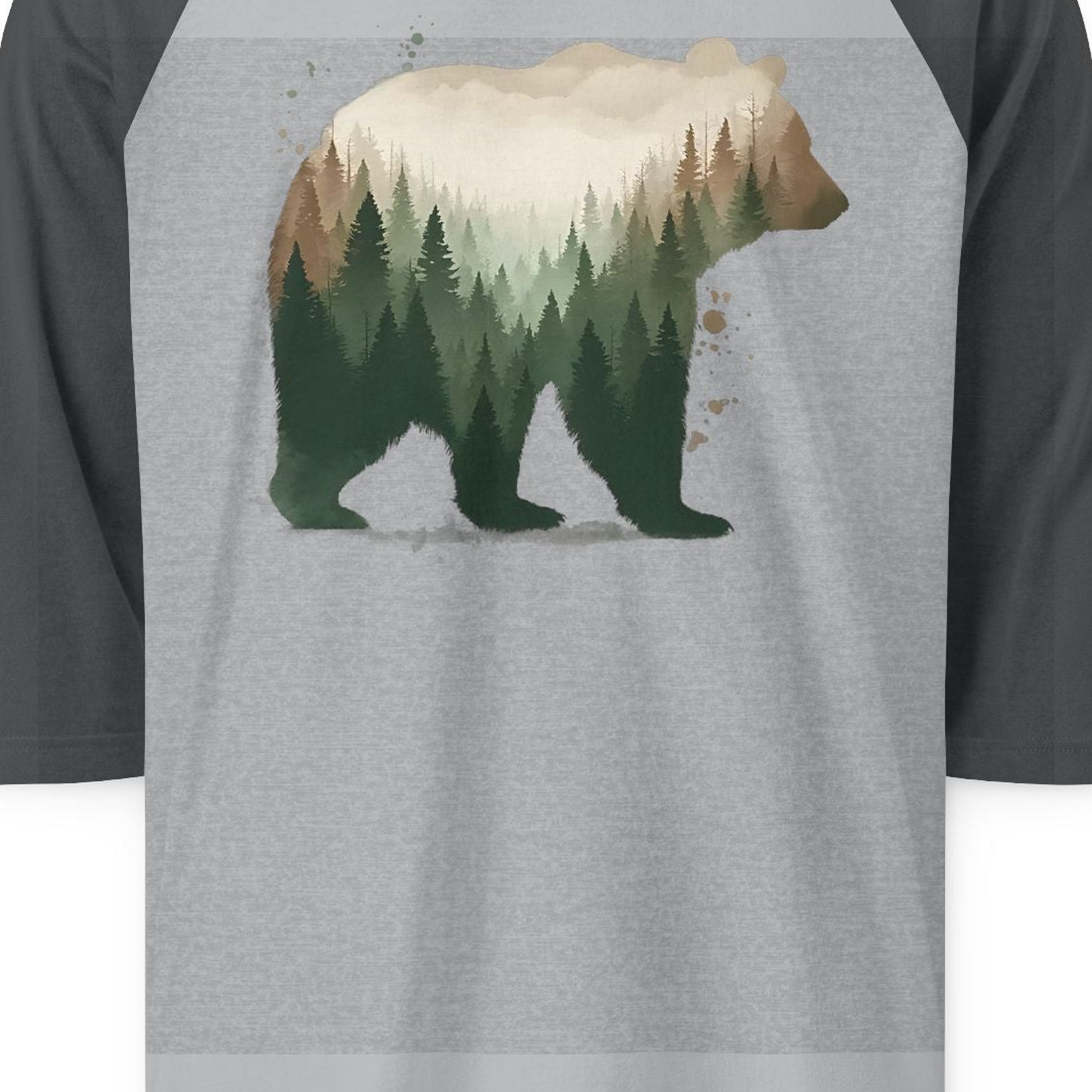 Double Exposure Bear Forest Shirt 3/4 Sleeve Raglan Shirt – Heather Grey/Heather Charcoal – Alaska Cruise Shirts Close Up