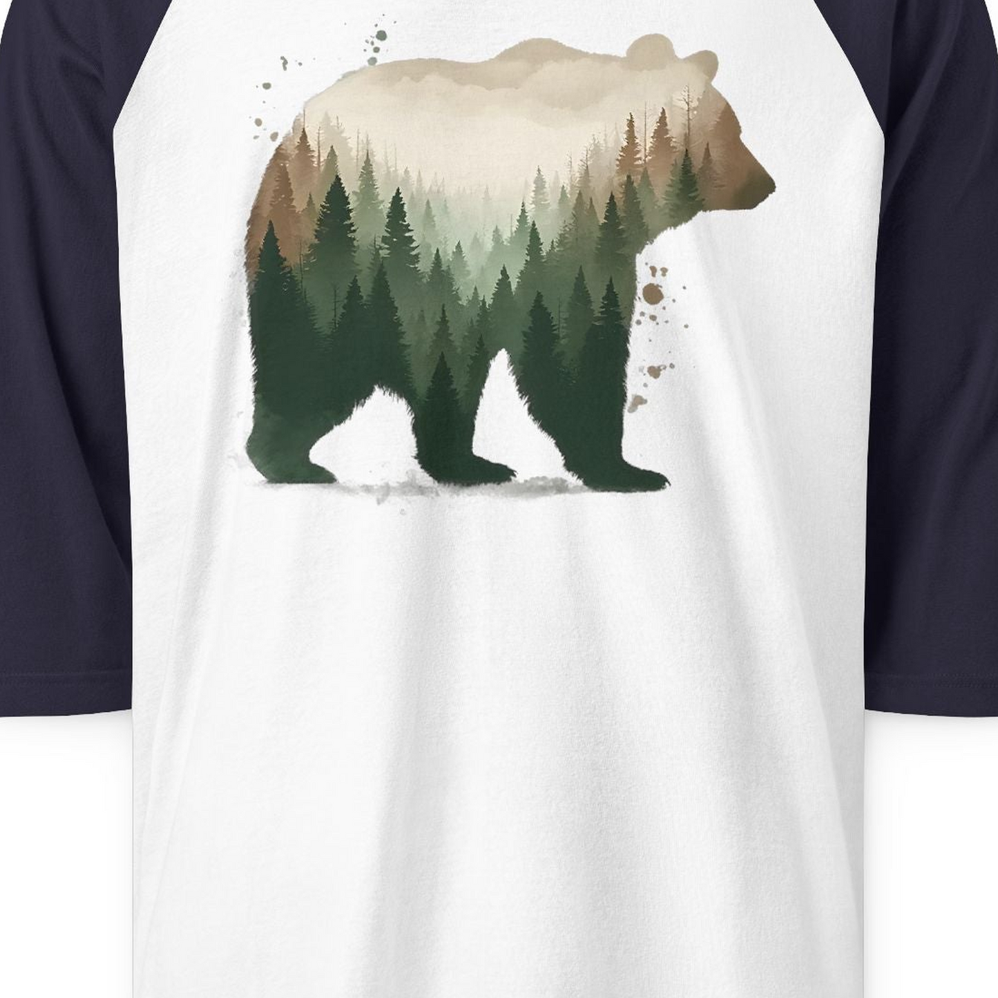 Double Exposure Bear Forest Shirt 3/4 Sleeve Raglan Shirt – White/Navy – Alaska Cruise Shirts Close Up