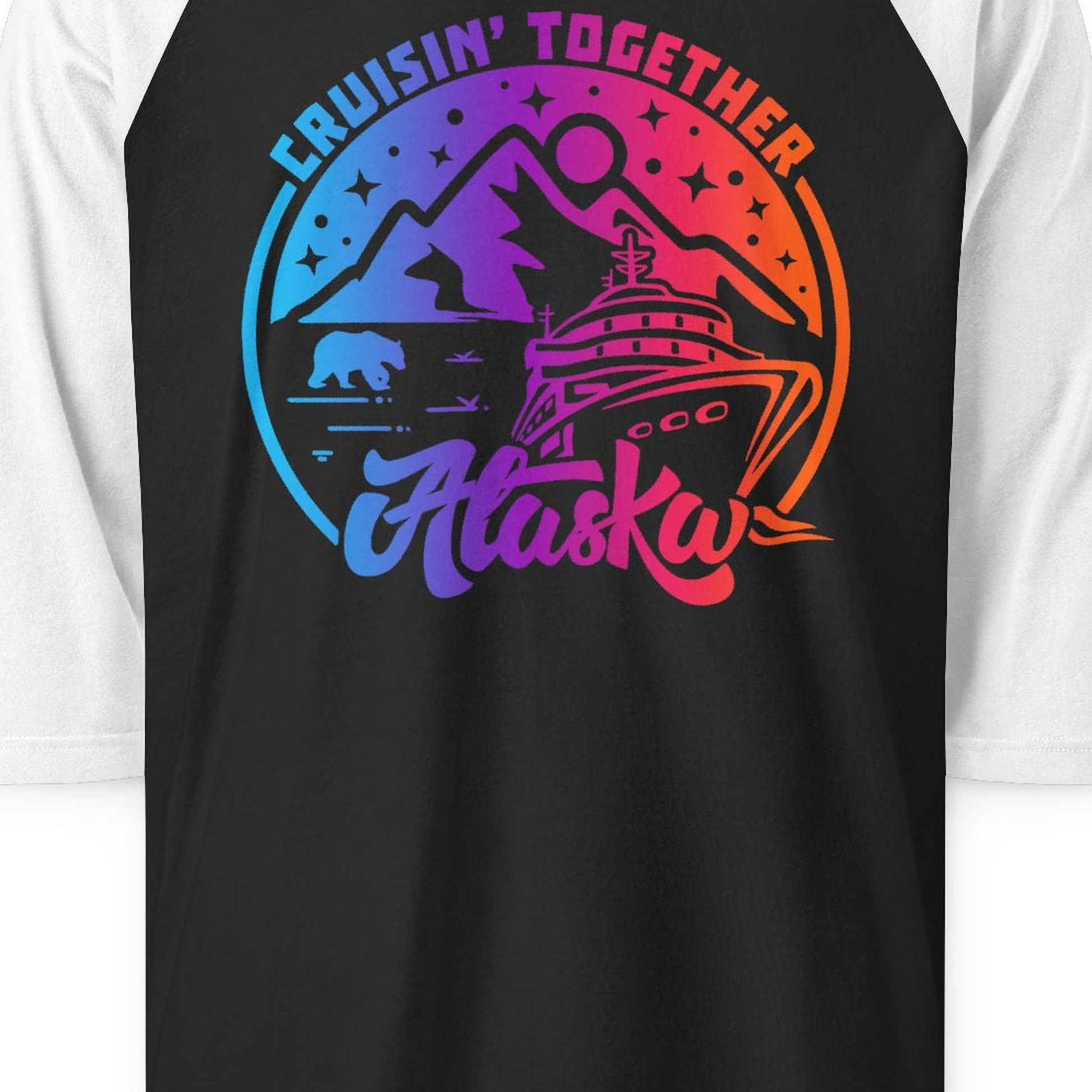 Alaska Cruise Shirt 3/4 Sleeve Raglan Shirt – Black/White – Alaska Cruise Shirts Close Up