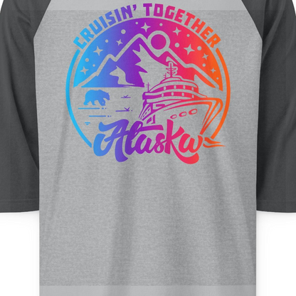 Alaska Cruise Shirt 3/4 Sleeve Raglan Shirt – Heather Grey/Heather Charcoal – Alaska Cruise Shirts Close Up