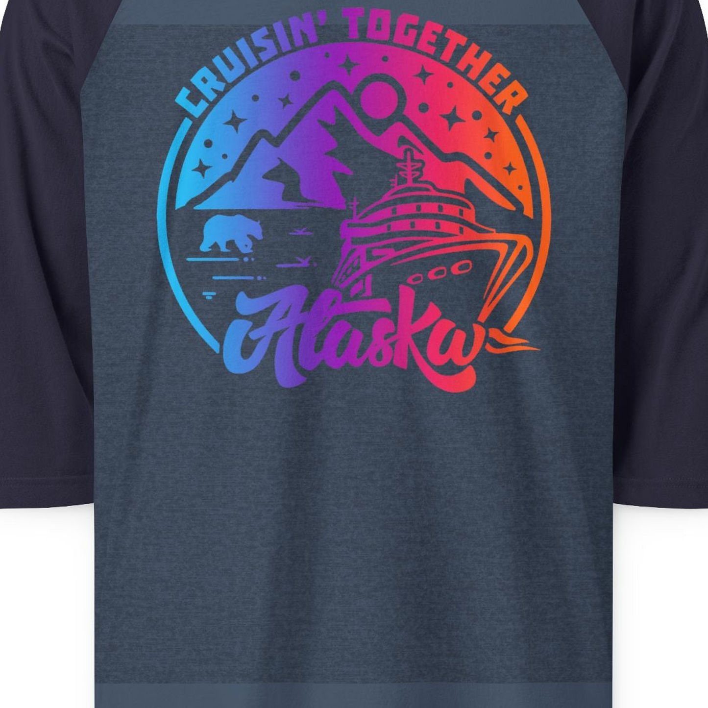 Alaska Cruise Shirt 3/4 Sleeve Raglan Shirt – Heather Denim/Navy – Alaska Cruise Shirts Close Up