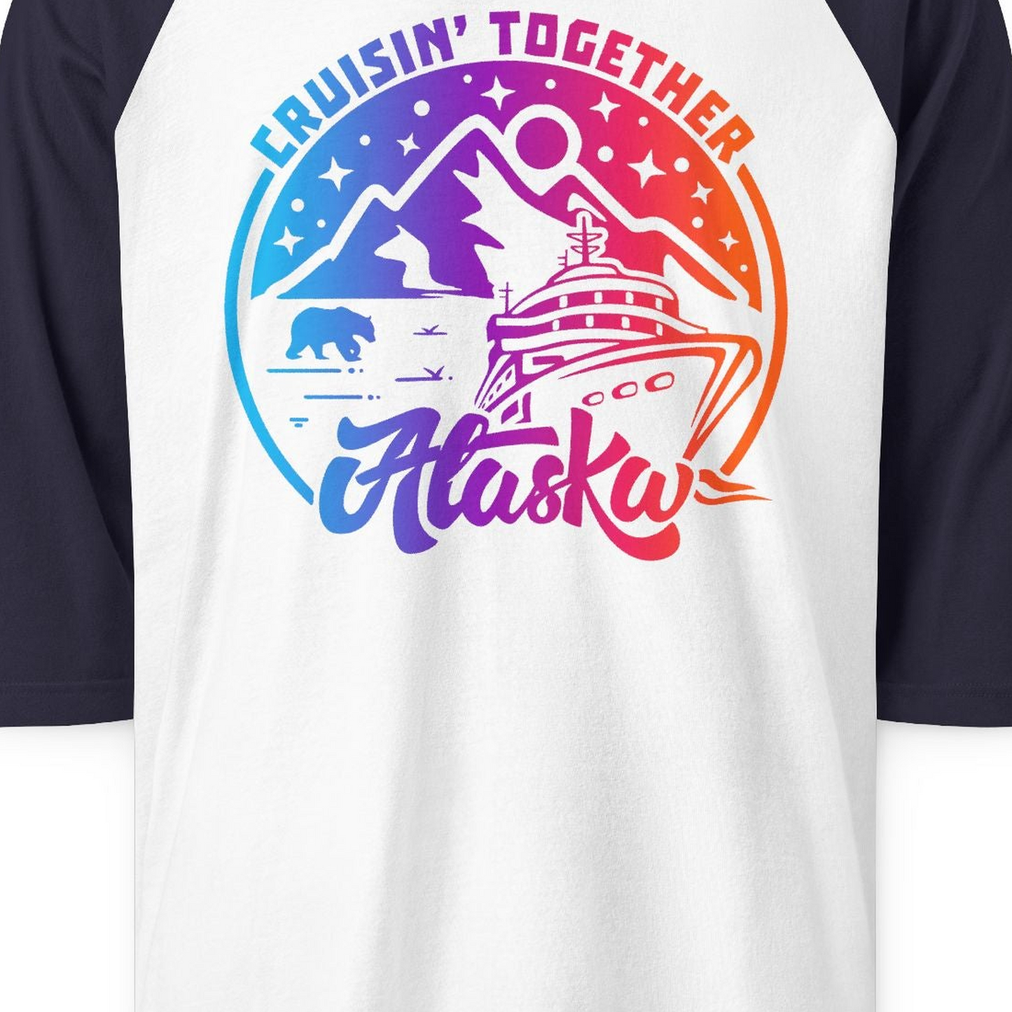Alaska Cruise Shirt 3/4 Sleeve Raglan Shirt – White/Navy – Alaska Cruise Shirts Close Up
