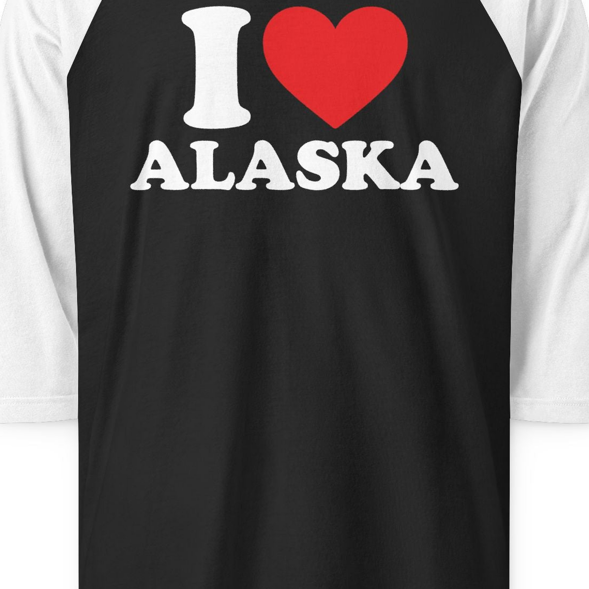I Love Alaska Shirt 3/4 Sleeve Raglan Shirt – Black/White – Alaska Cruise Shirts Close Up