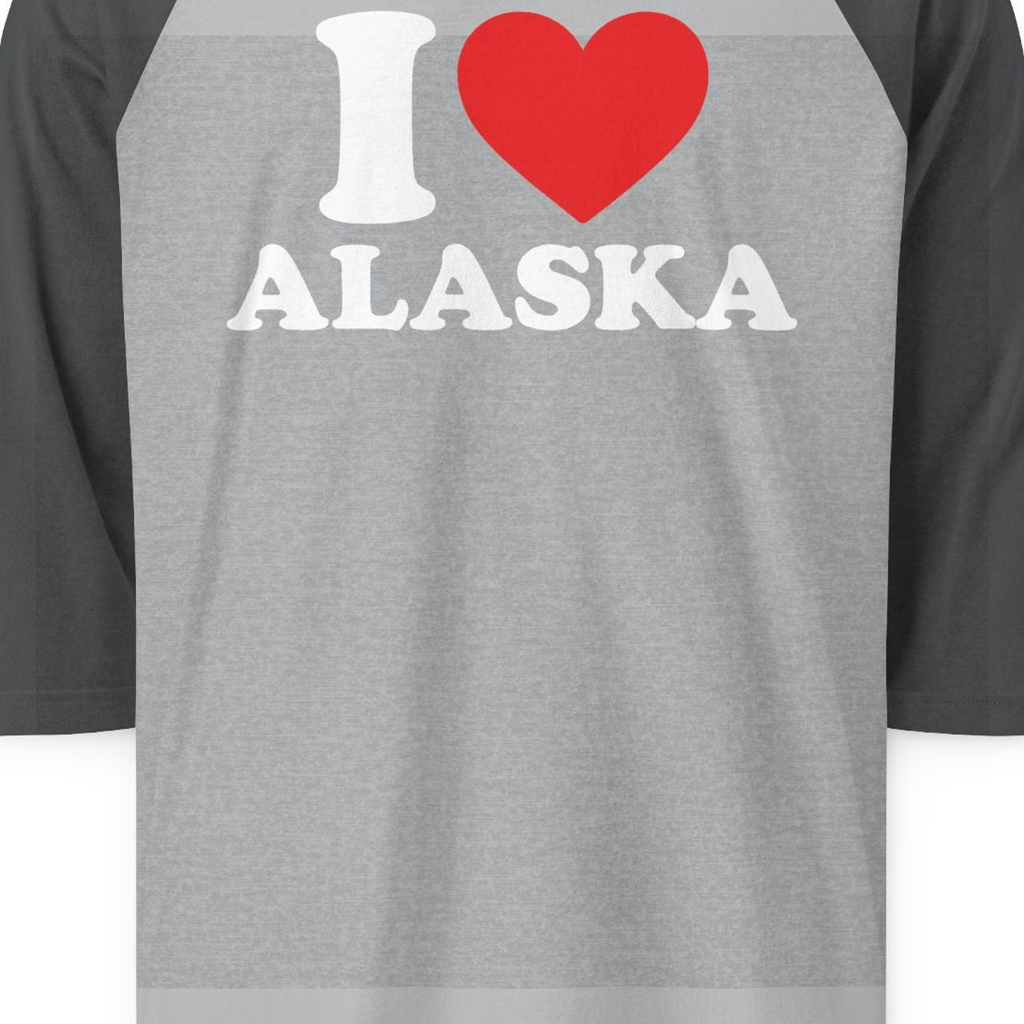 I Love Alaska Shirt 3/4 Sleeve Raglan Shirt – Heather Grey/Heather Charcoal – Alaska Cruise Shirts Close Up