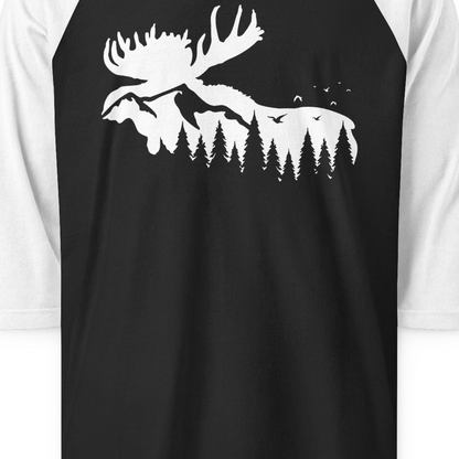 Moose Silhouette Forest Scene Shirt 3/4 Sleeve Raglan Shirt – Black/White – Alaska Cruise Shirts Close Up