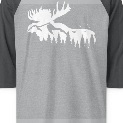 Moose Silhouette Forest Scene Shirt 3/4 Sleeve Raglan Shirt – Heather Grey/Heather Charcoal – Alaska Cruise Shirts Close Up