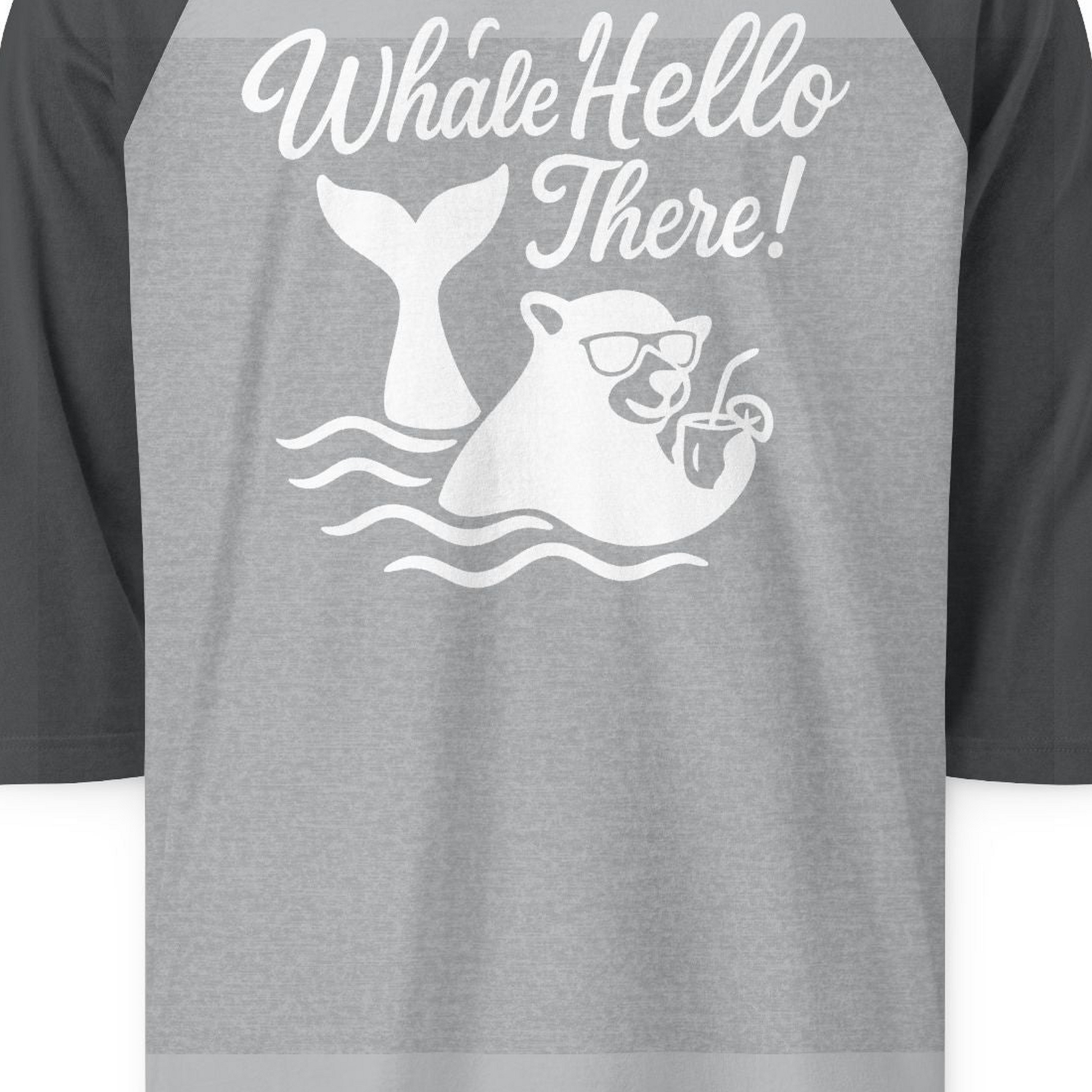 Whale Hello There Shirt 3/4 Sleeve Raglan Shirt – Heather Grey/Heather Charcoal – Alaska Cruise Shirts Close Up