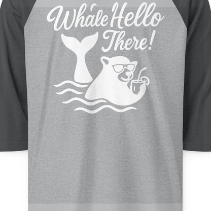 Whale Hello There Shirt 3/4 Sleeve Raglan Shirt – Heather Grey/Heather Charcoal – Alaska Cruise Shirts Close Up