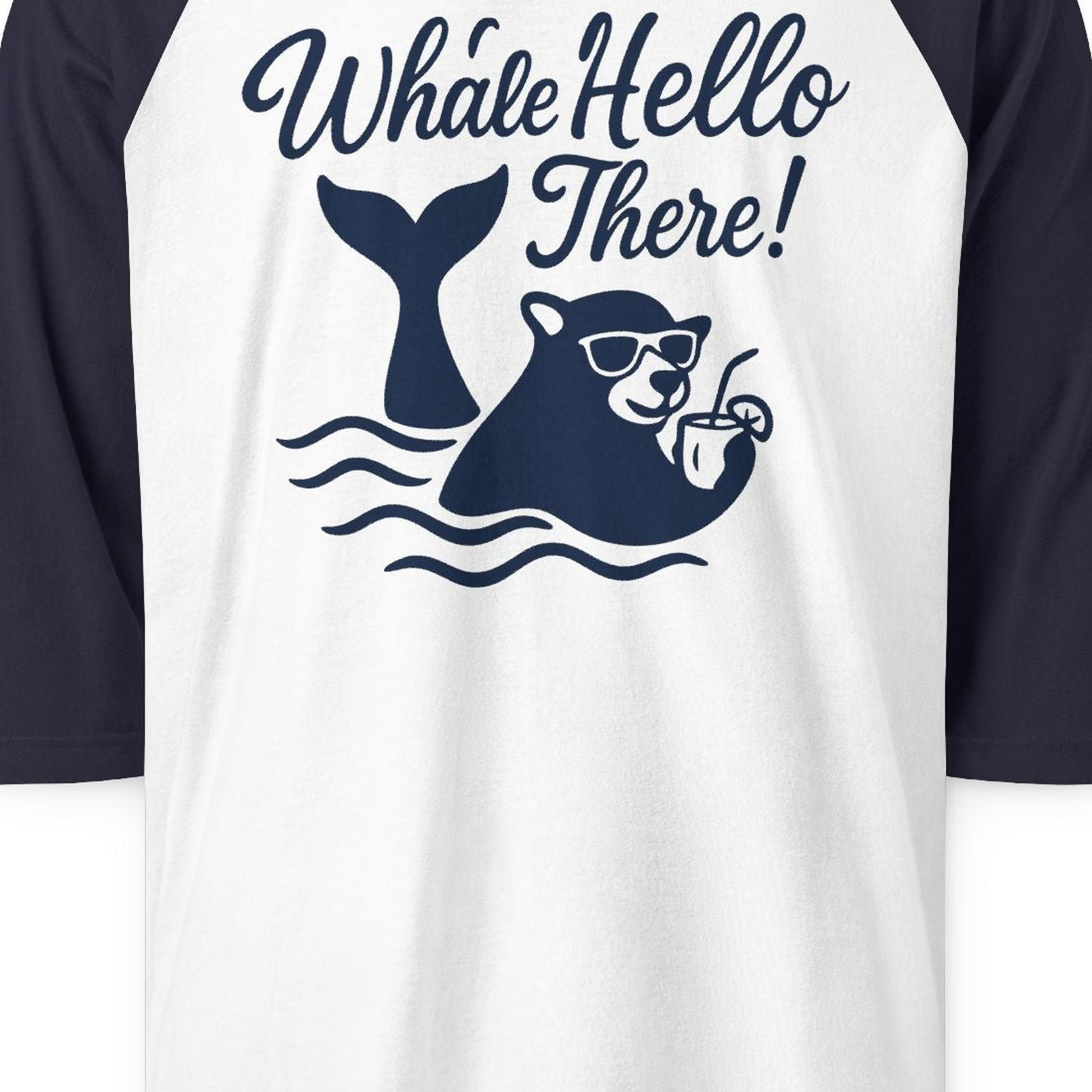 Whale Hello There Shirt 3/4 Sleeve Raglan Shirt – White/Navy – Alaska Cruise Shirts Close Up