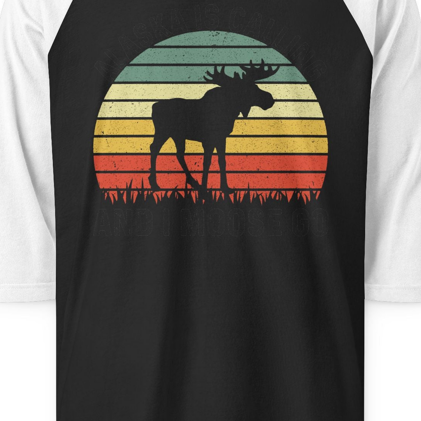 Alaska Is Calling And I Moose Go Retro Sunset Moose Graphic Shirt — 3/4 Sleeve 3/4 Sleeve Raglan Shirt – Black/White – Alaska Cruise Shirts Close Up