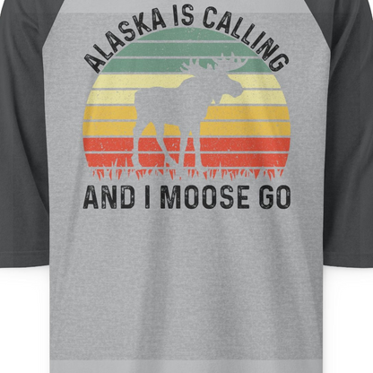 Alaska Is Calling And I Moose Go Retro Sunset Moose Graphic Shirt — 3/4 Sleeve 3/4 Sleeve Raglan Shirt – Heather Grey/Heather Charcoal – Alaska Cruise Shirts Close Up