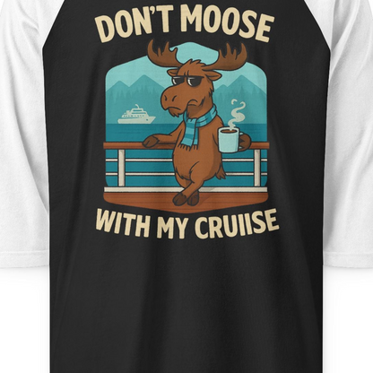 Funny Moose on Alaska Cruise Ship Shirt 3/4 Sleeve Raglan Shirt – Black/White – Alaska Cruise Shirts Close Up