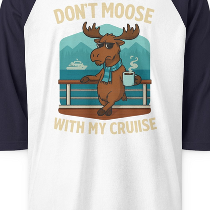 Funny Moose on Alaska Cruise Ship Shirt 3/4 Sleeve Raglan Shirt – White/Navy – Alaska Cruise Shirts Close Up