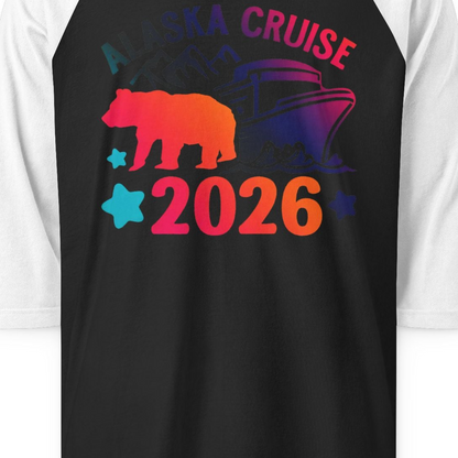 Alaska Cruise 2026 Shirt 3/4 Sleeve Raglan Shirt – Black/White – Alaska Cruise Shirts Close Up