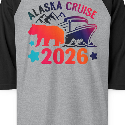 Alaska Cruise 2026 Shirt 3/4 Sleeve Raglan Shirt – Heather Grey/Black – Alaska Cruise Shirts Close Up