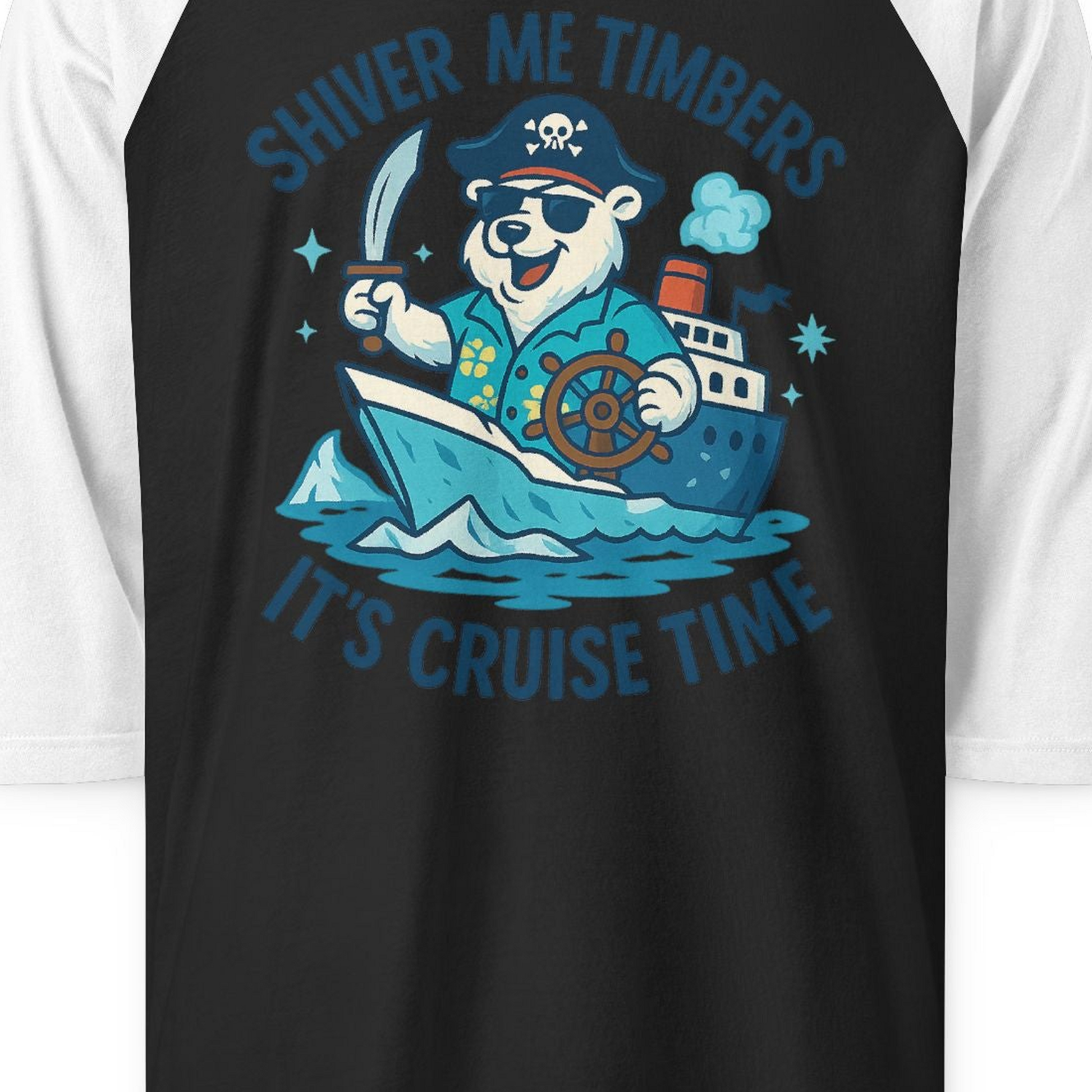 Funny Polar Bear Pirate Cruise Vacation Shirt 3/4 Sleeve Raglan Shirt – Black/White – Alaska Cruise Shirts Close Up